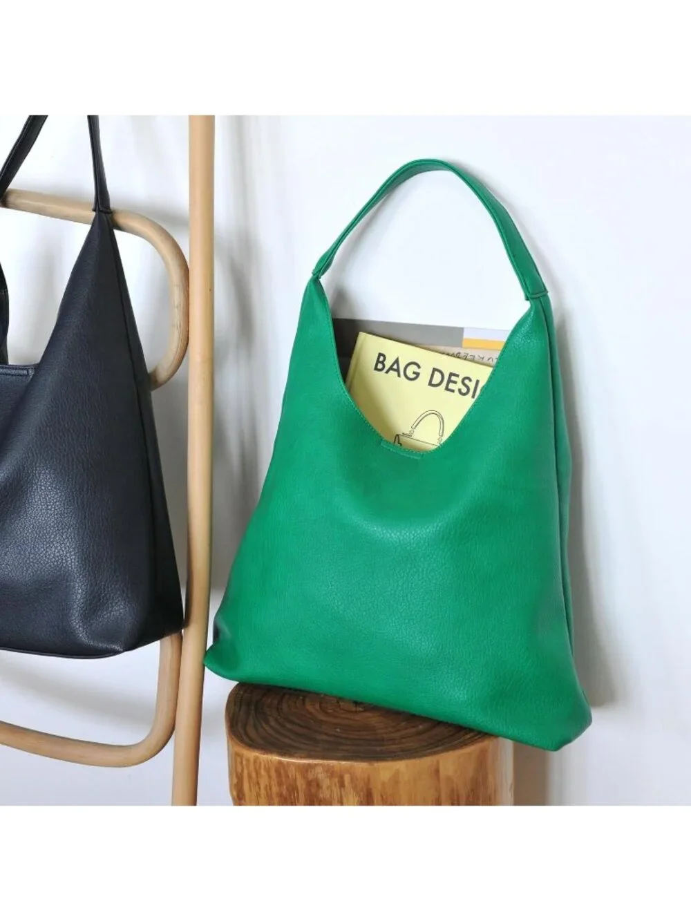 Women's Green Soft Vegan Leather Hobo Shoulder Bag Slouchy Tote Purse